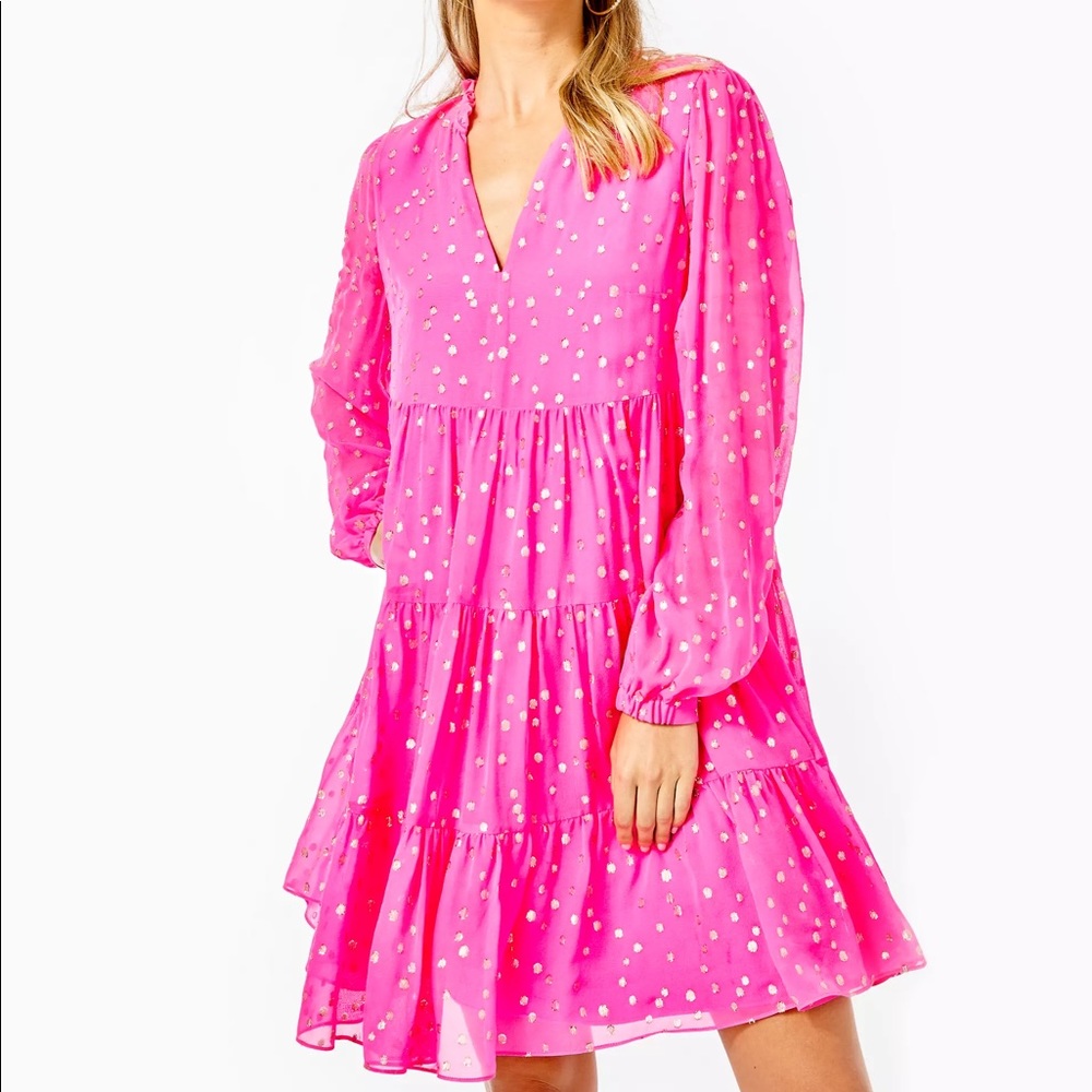 Lilly Pulitzer Hot Pink Tiered Long-Sleeve V-Neck Dress with Gold Dots - Picture 2 of 8